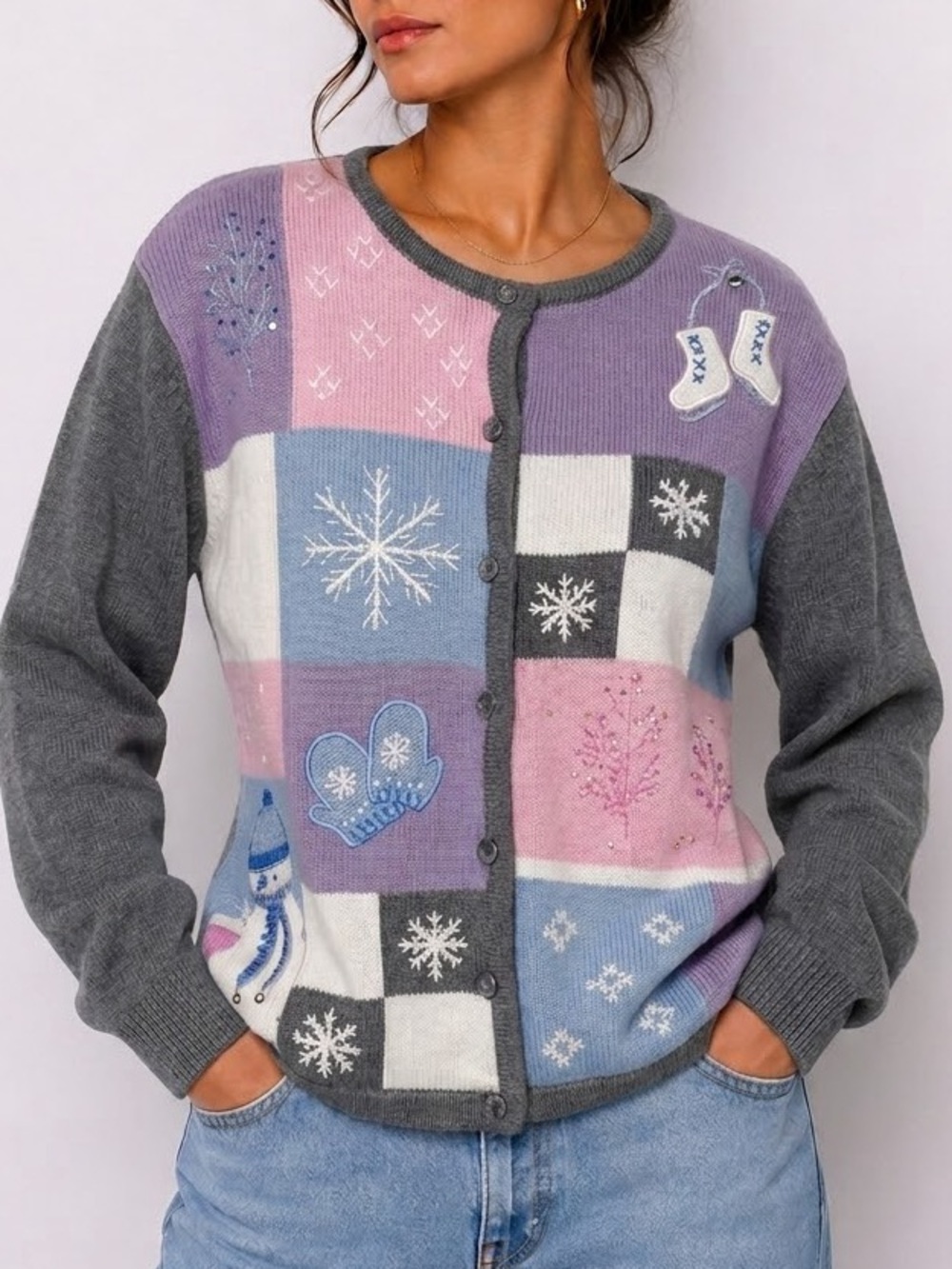 Vintage Sweater Tabi Christmas Cozy Patchwork Snowflake Cardigan Cotton Festive